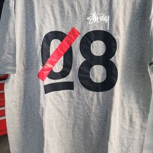 Stussy Gray Tee with Red Slash and Black Numbers